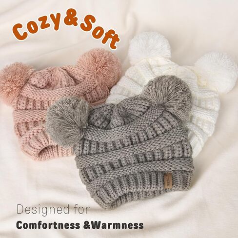 FURTALK Baby Winter Knitted Beanie Hat Soft Warm Pom Poms Toddler Skull Cap | Premium Acrylic & Cozy Ribbed Knit Design, Double-Layer Warmth, Snug Elastic Fit (0-3T), Available Multiple Colors in Kuwait