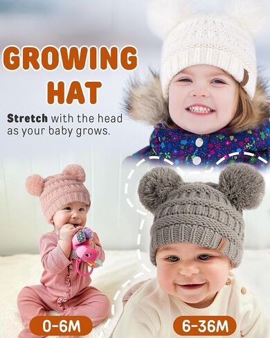 FURTALK Baby Winter Knitted Beanie Hat Soft Warm Pom Poms Toddler Skull Cap | Premium Acrylic & Cozy Ribbed Knit Design, Double-Layer Warmth, Snug Elastic Fit (0-3T), Available Multiple Colors in Kuwait