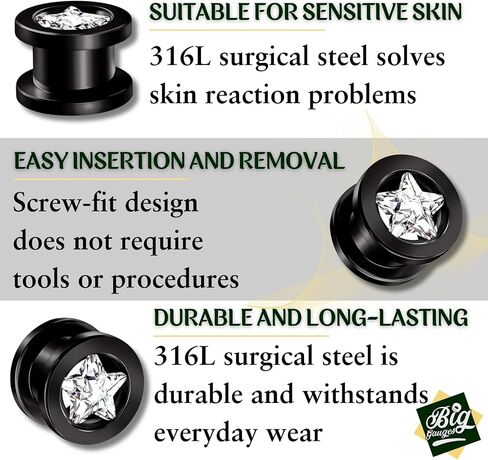 BIG GAUGES Pair of Screw Black Anodized Clear Crystal Piercing Jewelry Ear Stretching Lobe Plug Tunnel Earring in Kuwait