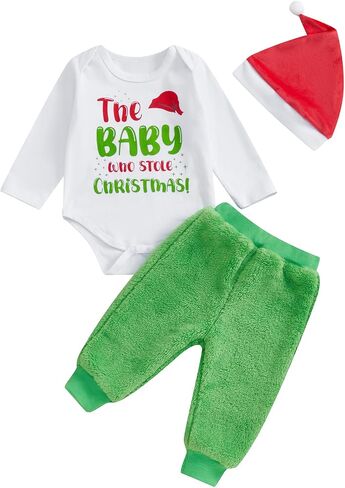 Lamuusaa Newborn Baby Boy Christmas Outfit The Baby Who Stole Christmas Romper Warm Plush Long Pants Xmas Hat Set 0-12M in Saudi Arabia