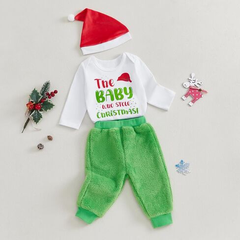 Lamuusaa Newborn Baby Boy Christmas Outfit The Baby Who Stole Christmas Romper Warm Plush Long Pants Xmas Hat Set 0-12M in Saudi Arabia
