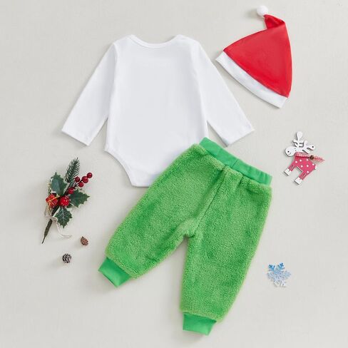Lamuusaa Newborn Baby Boy Christmas Outfit The Baby Who Stole Christmas Romper Warm Plush Long Pants Xmas Hat Set 0-12M in Saudi Arabia