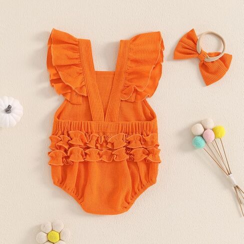 Infant Newborn Baby Girl Halloween Outfits Cute Ghost Embroidery Ruffle Sleeve Romper Headband Waffle Clothes Set in Saudi Arabia