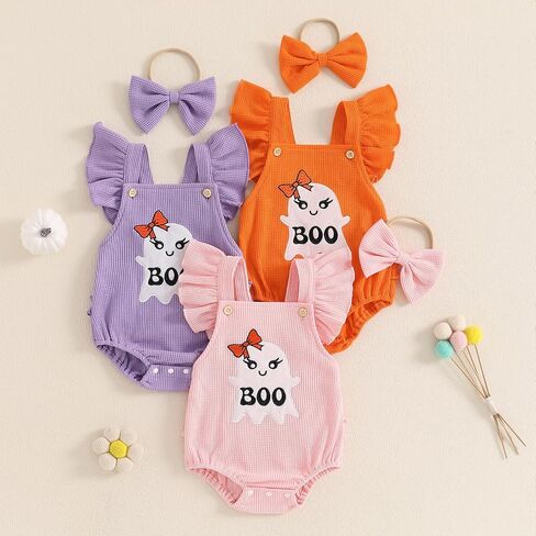 Infant Newborn Baby Girl Halloween Outfits Cute Ghost Embroidery Ruffle Sleeve Romper Headband Waffle Clothes Set in Saudi Arabia