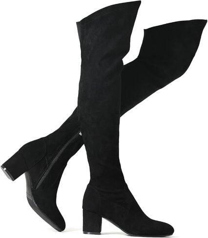Shoe'N Tale Stretch Suede Thigh High Boots Chunky Heel Over The Knee(7,Black) in Saudi Arabia