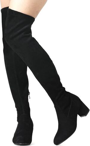 Shoe'N Tale Stretch Suede Thigh High Boots Chunky Heel Over The Knee(7,Black) in Saudi Arabia