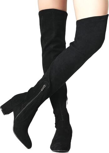 Shoe'N Tale Stretch Suede Thigh High Boots Chunky Heel Over The Knee(7,Black) in Saudi Arabia