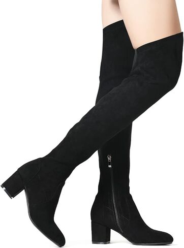 Shoe'N Tale Stretch Suede Thigh High Boots Chunky Heel Over The Knee(7,Black) in Saudi Arabia