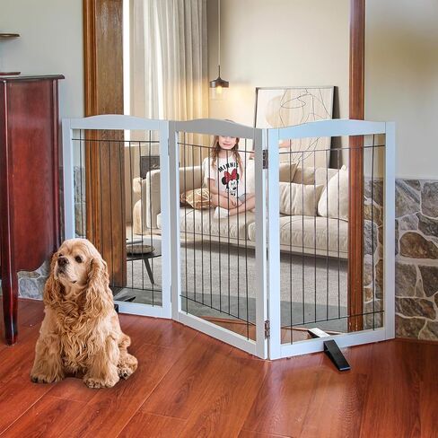 Dog Gate Indoor - 3-Panel Freestanding Dog Fence for Doorways, Hallways, House or Stairs -60x24-Inch Retractable Foldable Expandable Wood Dog Pet by SFJC (White) ﻿ in Saudi Arabia