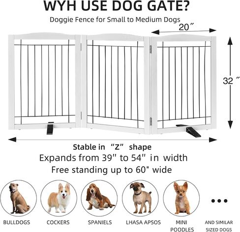 Dog Gate Indoor - 3-Panel Freestanding Dog Fence for Doorways, Hallways, House or Stairs -60x24-Inch Retractable Foldable Expandable Wood Dog Pet by SFJC (White) ﻿ in Saudi Arabia