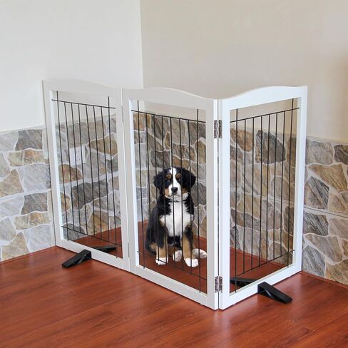 Dog Gate Indoor - 3-Panel Freestanding Dog Fence for Doorways, Hallways, House or Stairs -60x24-Inch Retractable Foldable Expandable Wood Dog Pet by SFJC (White) ﻿ in Saudi Arabia