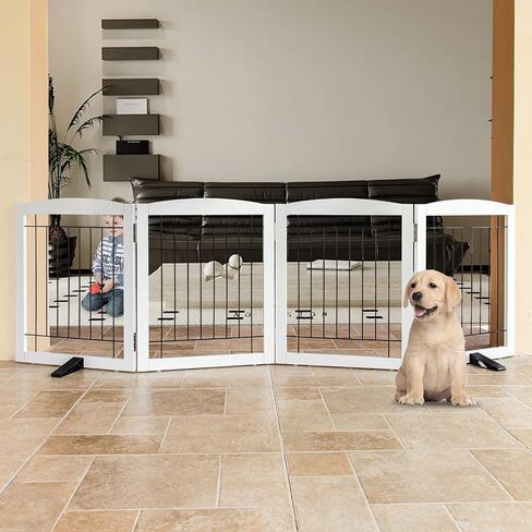 Dog Gate Indoor - 3-Panel Freestanding Dog Fence for Doorways, Hallways, House or Stairs -60x24-Inch Retractable Foldable Expandable Wood Dog Pet by SFJC (White) ﻿ in Saudi Arabia