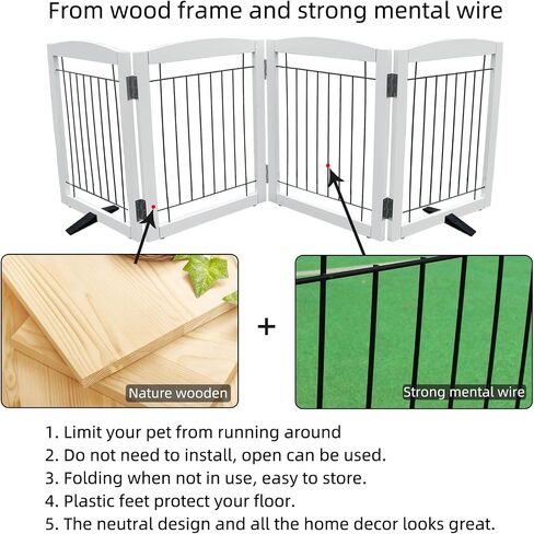 Dog Gate Indoor - 3-Panel Freestanding Dog Fence for Doorways, Hallways, House or Stairs -60x24-Inch Retractable Foldable Expandable Wood Dog Pet by SFJC (White) ﻿ in Saudi Arabia