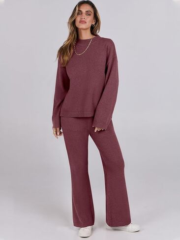 ANRABESS Womens 2 Piece Outfits Sweater Sets Knit Pullove Tops Wide Leg Pants Matching Lounge Set 2024 Fall Fashion Tracksuit Green M in Saudi Arabia