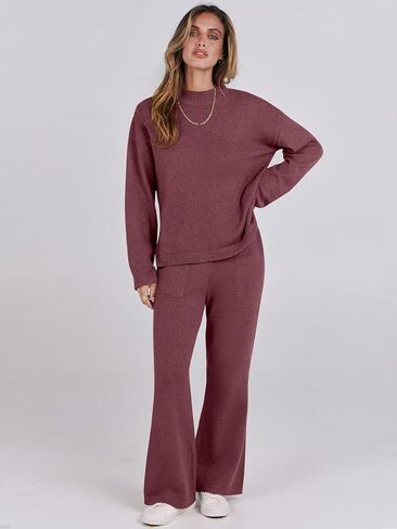 ANRABESS Womens 2 Piece Outfits Sweater Sets Knit Pullove Tops Wide Leg Pants Matching Lounge Set 2024 Fall Fashion Tracksuit Green M in Saudi Arabia