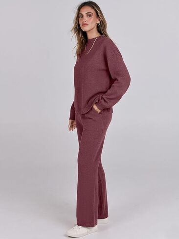 ANRABESS Womens 2 Piece Outfits Sweater Sets Knit Pullove Tops Wide Leg Pants Matching Lounge Set 2024 Fall Fashion Tracksuit Green M in Saudi Arabia