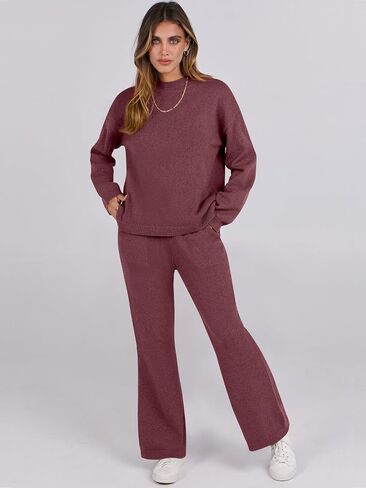 ANRABESS Womens 2 Piece Outfits Sweater Sets Knit Pullove Tops Wide Leg Pants Matching Lounge Set 2024 Fall Fashion Tracksuit Green M in Saudi Arabia