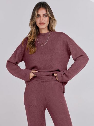 ANRABESS Womens 2 Piece Outfits Sweater Sets Knit Pullove Tops Wide Leg Pants Matching Lounge Set 2024 Fall Fashion Tracksuit Green M in Saudi Arabia