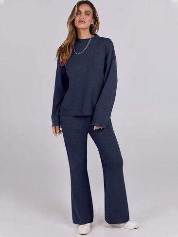 ANRABESS Womens 2 Piece Outfits Sweater Sets Knit Pullove Tops Wide Leg Pants Matching Lounge Set 2024 Fall Fashion Tracksuit Green M in Saudi Arabia