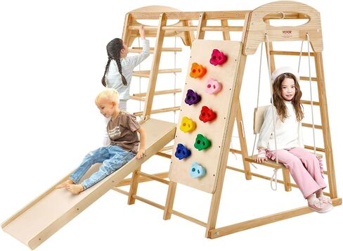 VEVOR Large Size Indoor Jungle Gym, 7-in-1 Toddler Indoor Playground, Wooden Toddler Climbing Toys with Wood & Rope Ladder, Net Ladder, Swing, Monkey Bar, Slide, Climbing Wall, 47.2 x 58 x 56in in Saudi Arabia