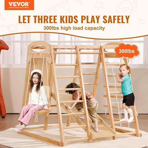 VEVOR Large Size Indoor Jungle Gym, 7-in-1 Toddler Indoor Playground, Wooden Toddler Climbing Toys with Wood & Rope Ladder, Net Ladder, Swing, Monkey Bar, Slide, Climbing Wall, 47.2 x 58 x 56in in Saudi Arabia