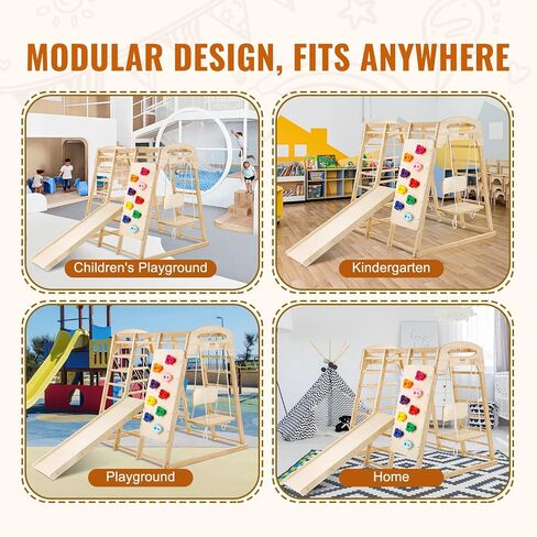 VEVOR Large Size Indoor Jungle Gym, 7-in-1 Toddler Indoor Playground, Wooden Toddler Climbing Toys with Wood & Rope Ladder, Net Ladder, Swing, Monkey Bar, Slide, Climbing Wall, 47.2 x 58 x 56in in Saudi Arabia