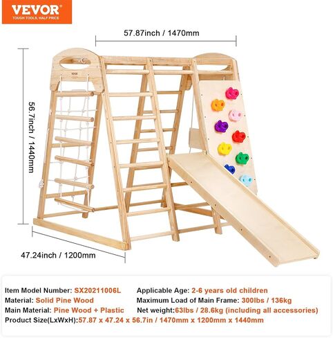VEVOR Large Size Indoor Jungle Gym, 7-in-1 Toddler Indoor Playground, Wooden Toddler Climbing Toys with Wood & Rope Ladder, Net Ladder, Swing, Monkey Bar, Slide, Climbing Wall, 47.2 x 58 x 56in in Saudi Arabia