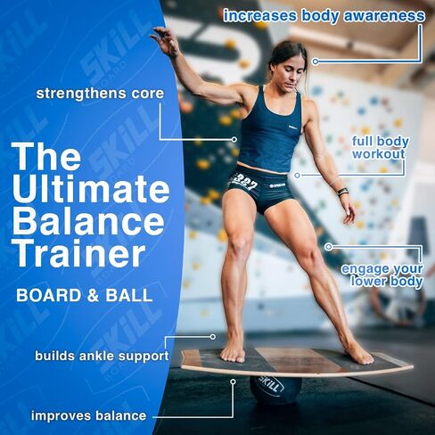 The Skill Board Mini Beginner to Pro - حزمة لوح التوازن الخشبي للبالغين - متضمنة. مدرب التوازن لجميع الرياضات، أو صالة الألعاب الرياضية، أو مكتب الوقوف، أو ألعاب الفناء، وكرتين للياقة البدنية، ومضخة كرات والمزيد in Kuwait