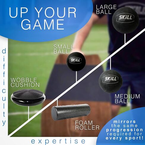 The Skill Board Mini Beginner to Pro - حزمة لوح التوازن الخشبي للبالغين - متضمنة. مدرب التوازن لجميع الرياضات، أو صالة الألعاب الرياضية، أو مكتب الوقوف، أو ألعاب الفناء، وكرتين للياقة البدنية، ومضخة كرات والمزيد in Kuwait
