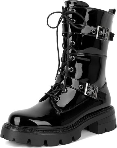 Eldof Women's Combat Boots Ankle Booties Lace Up Platform Lug Sole Chunky Low Heel Buckle Goth Motorcycle Boots for Women Side Zipper 2 Inches in Saudi Arabia