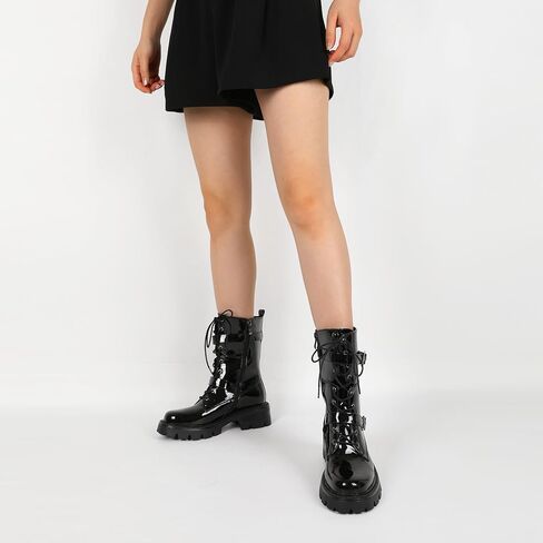 Eldof Women's Combat Boots Ankle Booties Lace Up Platform Lug Sole Chunky Low Heel Buckle Goth Motorcycle Boots for Women Side Zipper 2 Inches in Saudi Arabia