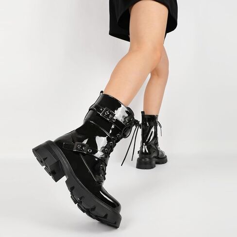 Eldof Women's Combat Boots Ankle Booties Lace Up Platform Lug Sole Chunky Low Heel Buckle Goth Motorcycle Boots for Women Side Zipper 2 Inches in Saudi Arabia