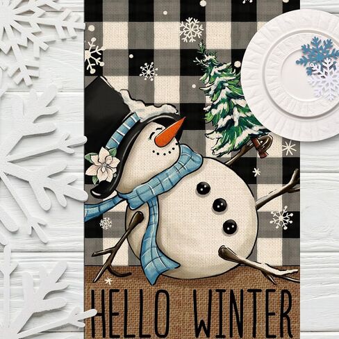 سليم مرحبا الشتاء ثلج الجدول عداء، أسود أبيض الجاموس منقوشة الاختيار الثلوج مزرعة مطبخ طاولة الطعام ديكور، عيد الميلاد عطلة الموسمية ديكور المنزل داخلي في الهواء الطلق الطرف العرض 13x72 بوصة in Kuwait