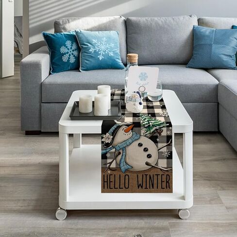 سليم مرحبا الشتاء ثلج الجدول عداء، أسود أبيض الجاموس منقوشة الاختيار الثلوج مزرعة مطبخ طاولة الطعام ديكور، عيد الميلاد عطلة الموسمية ديكور المنزل داخلي في الهواء الطلق الطرف العرض 13x72 بوصة in Kuwait