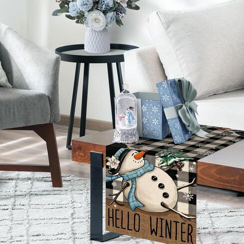 سليم مرحبا الشتاء ثلج الجدول عداء، أسود أبيض الجاموس منقوشة الاختيار الثلوج مزرعة مطبخ طاولة الطعام ديكور، عيد الميلاد عطلة الموسمية ديكور المنزل داخلي في الهواء الطلق الطرف العرض 13x72 بوصة in Kuwait