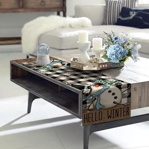 سليم مرحبا الشتاء ثلج الجدول عداء، أسود أبيض الجاموس منقوشة الاختيار الثلوج مزرعة مطبخ طاولة الطعام ديكور، عيد الميلاد عطلة الموسمية ديكور المنزل داخلي في الهواء الطلق الطرف العرض 13x72 بوصة in Kuwait