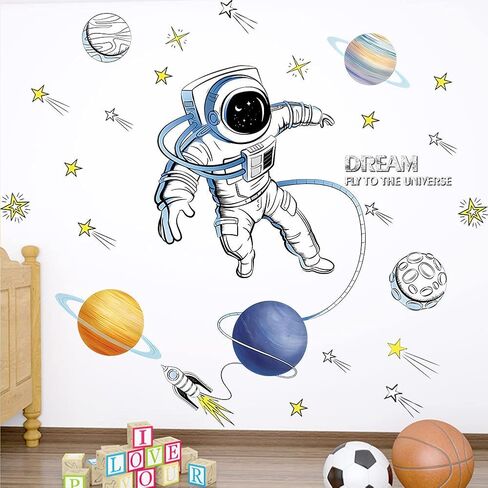 ملصق جداري لرائد الفضاء قابل للإزالة لغرفة الأطفال، ملصقات حائط كبيرة لرجل فضاء، ملصق حائط كبير لديكور الحضانة، هدية للأطفال الأولاد والبنات وغرفة النوم (اللون أ) in Kuwait