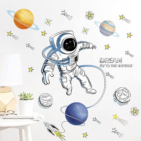 ملصق جداري لرائد الفضاء قابل للإزالة لغرفة الأطفال، ملصقات حائط كبيرة لرجل فضاء، ملصق حائط كبير لديكور الحضانة، هدية للأطفال الأولاد والبنات وغرفة النوم (اللون أ) in Kuwait