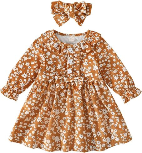 فستان بناتي للأطفال الصغار، فستان قصير مكشكش للخريف والشتاء، بأكمام طويلة، فساتين كاجوال للأطفال بطبعة زهور in Kuwait