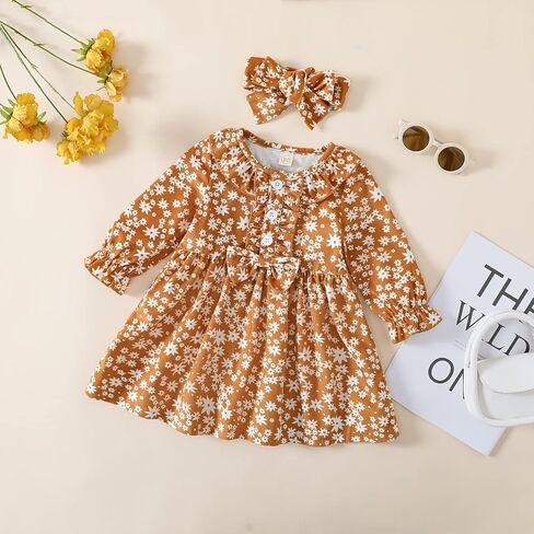 فستان بناتي للأطفال الصغار، فستان قصير مكشكش للخريف والشتاء، بأكمام طويلة، فساتين كاجوال للأطفال بطبعة زهور in Kuwait