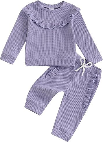 FYBITBO Baby Girl Fall Winter Clothes Sets Ruffle Solid Waffle Knit Long Sleeve Shirt Pants Infant Toddler Outfits for Girls in Kuwait