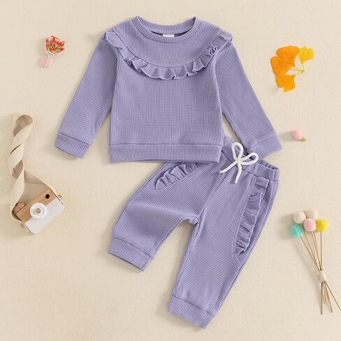 FYBITBO Baby Girl Fall Winter Clothes Sets Ruffle Solid Waffle Knit Long Sleeve Shirt Pants Infant Toddler Outfits for Girls in Kuwait