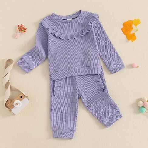 FYBITBO Baby Girl Fall Winter Clothes Sets Ruffle Solid Waffle Knit Long Sleeve Shirt Pants Infant Toddler Outfits for Girls in Kuwait