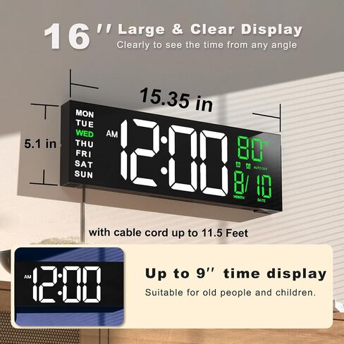 JALL 16" Large Digital Wall Clock, Remote Controlled with 2 Alarms, LED Display, 8 RGB Color, Auto DST, Temperature for Living Room, Bedroom, or Desk, Mounted Decor, Gift for Elderly, White+Orange in Kuwait