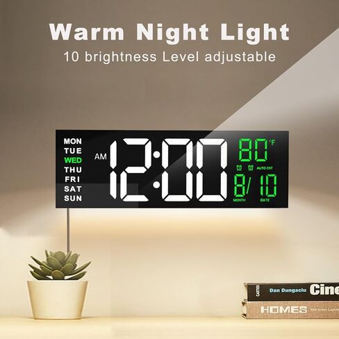 JALL 16" Large Digital Wall Clock, Remote Controlled with 2 Alarms, LED Display, 8 RGB Color, Auto DST, Temperature for Living Room, Bedroom, or Desk, Mounted Decor, Gift for Elderly, White+Orange in Kuwait