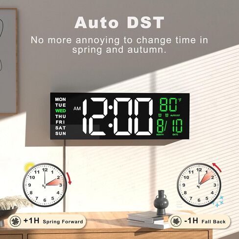 JALL 16" Large Digital Wall Clock, Remote Controlled with 2 Alarms, LED Display, 8 RGB Color, Auto DST, Temperature for Living Room, Bedroom, or Desk, Mounted Decor, Gift for Elderly, White+Orange in Kuwait