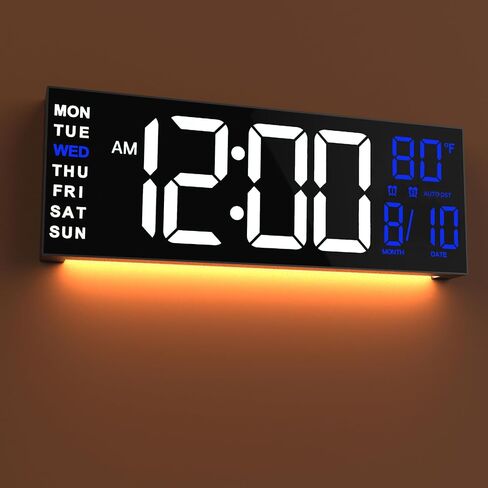 JALL 16" Large Digital Wall Clock, Remote Controlled with 2 Alarms, LED Display, 8 RGB Color, Auto DST, Temperature for Living Room, Bedroom, or Desk, Mounted Decor, Gift for Elderly, White+Orange in Kuwait