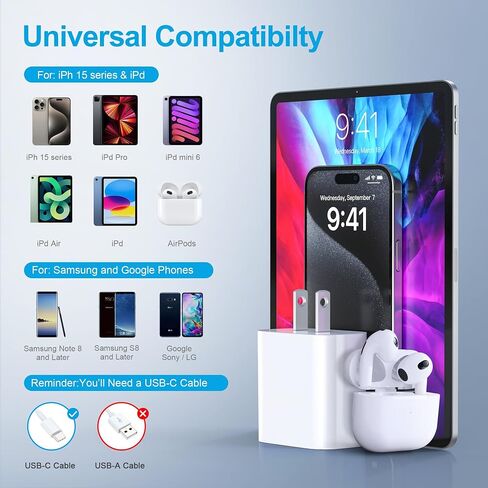 USB C Charger Block, 2-Pack Fast Charger with 6FT USB Braided Cable Compatible for Phone 15/15 Plus/Pro Max, i Pad Pro 12.9/11 inch, i Pad Air 5th/4th, i Pad 10th in Saudi Arabia