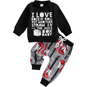 Karuedoo Toddler Baby Boy Clothes I Love Rock N' Roll Letter Print Sweatshirt Top Guitar Pants Set 2Pcs Fall Winter Outfit