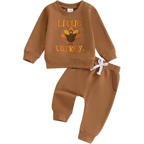 Lamuusaa Thanksgiving Baby Boy Outfit Long Sleeve Little Turkey Embroidery Sweatshirt Jogger Pants 2Pcs Clothes Set 0-3T